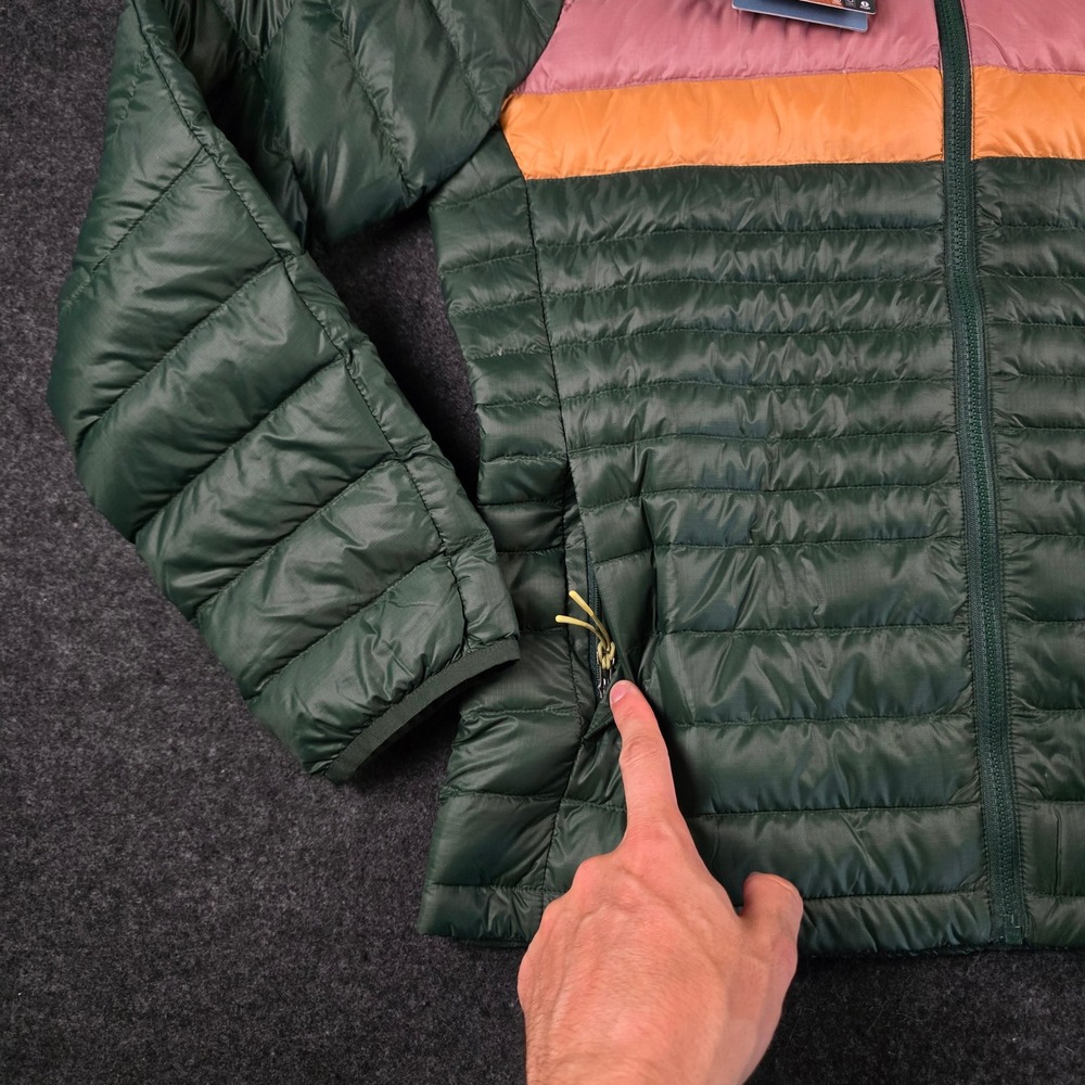 Cotopaxi Green Fuego Down Hooded Jacket Cargo Stripes 800 FP Colorblock Womens S - Picture 11 of 16
